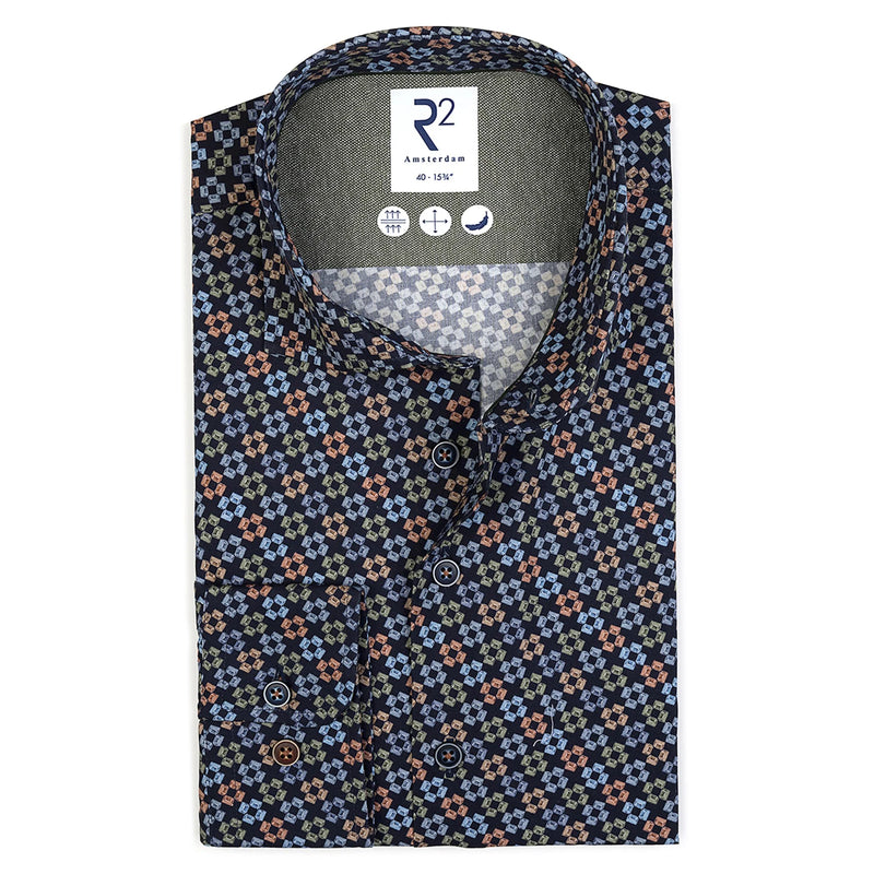 R2 Amsterdam Navy Gem Pattern Long Sleeve Shirt