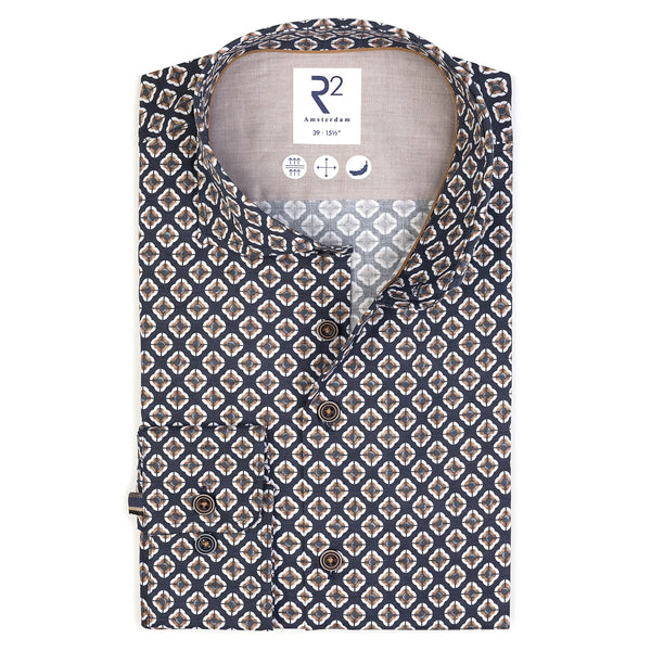 R2 Amsterdam Blue Brown Diamond Print Shirt