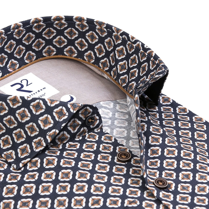 R2 Amsterdam Blue Brown Diamond Print Shirt