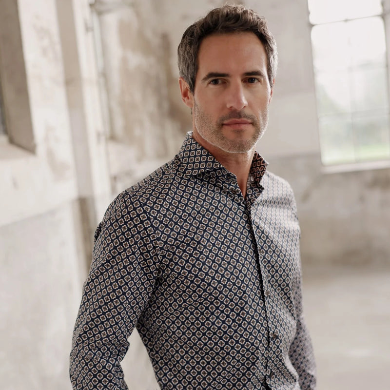 R2 Amsterdam Blue Brown Diamond Print Shirt