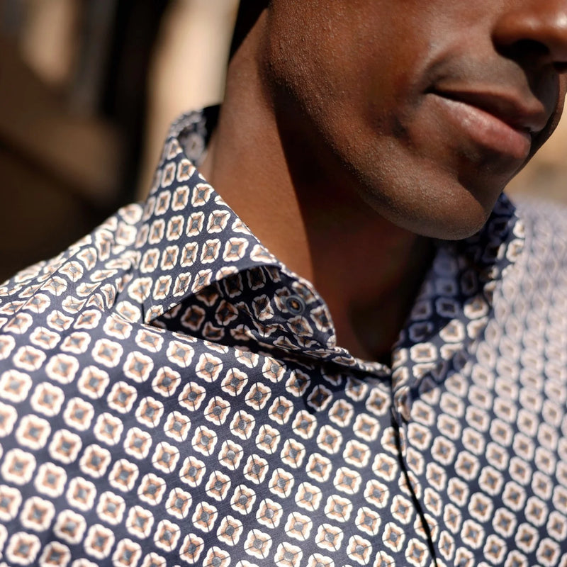 R2 Amsterdam Blue Brown Diamond Print Shirt