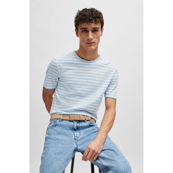 Hugo Boss Tiburt Cotton/Linen Sky Blue Stripe T-Shirt