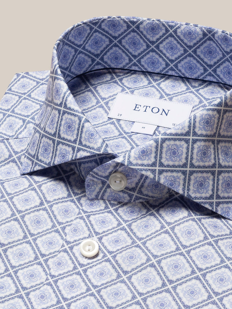 Eton Contemporary Fit Mid Blue Twill Medallion Print Shirt
