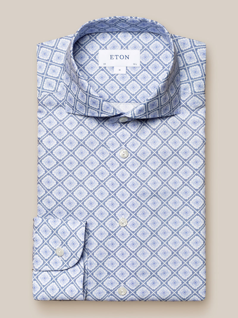 Eton Contemporary Fit Mid Blue Twill Medallion Print Shirt