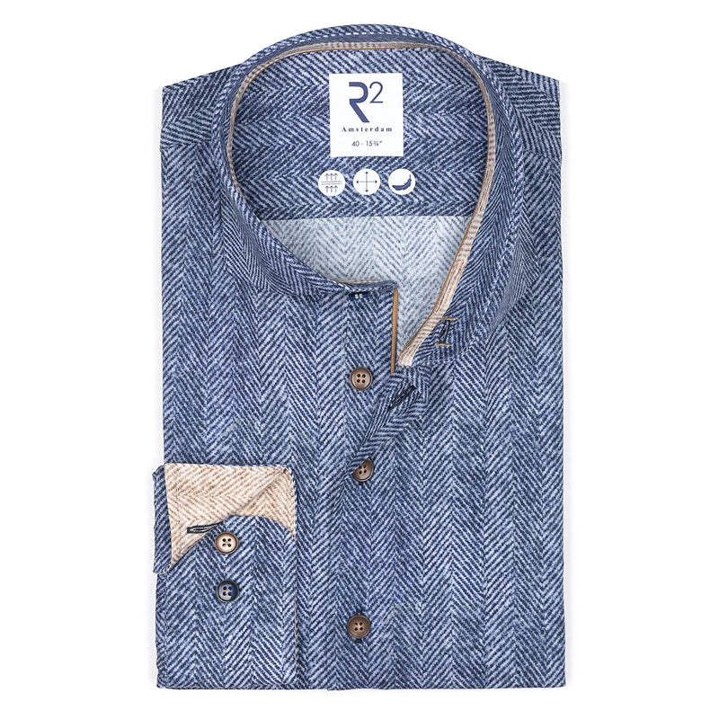 R2 Amsterdam Blue Herringbone Pattern Long Sleeve Shirt