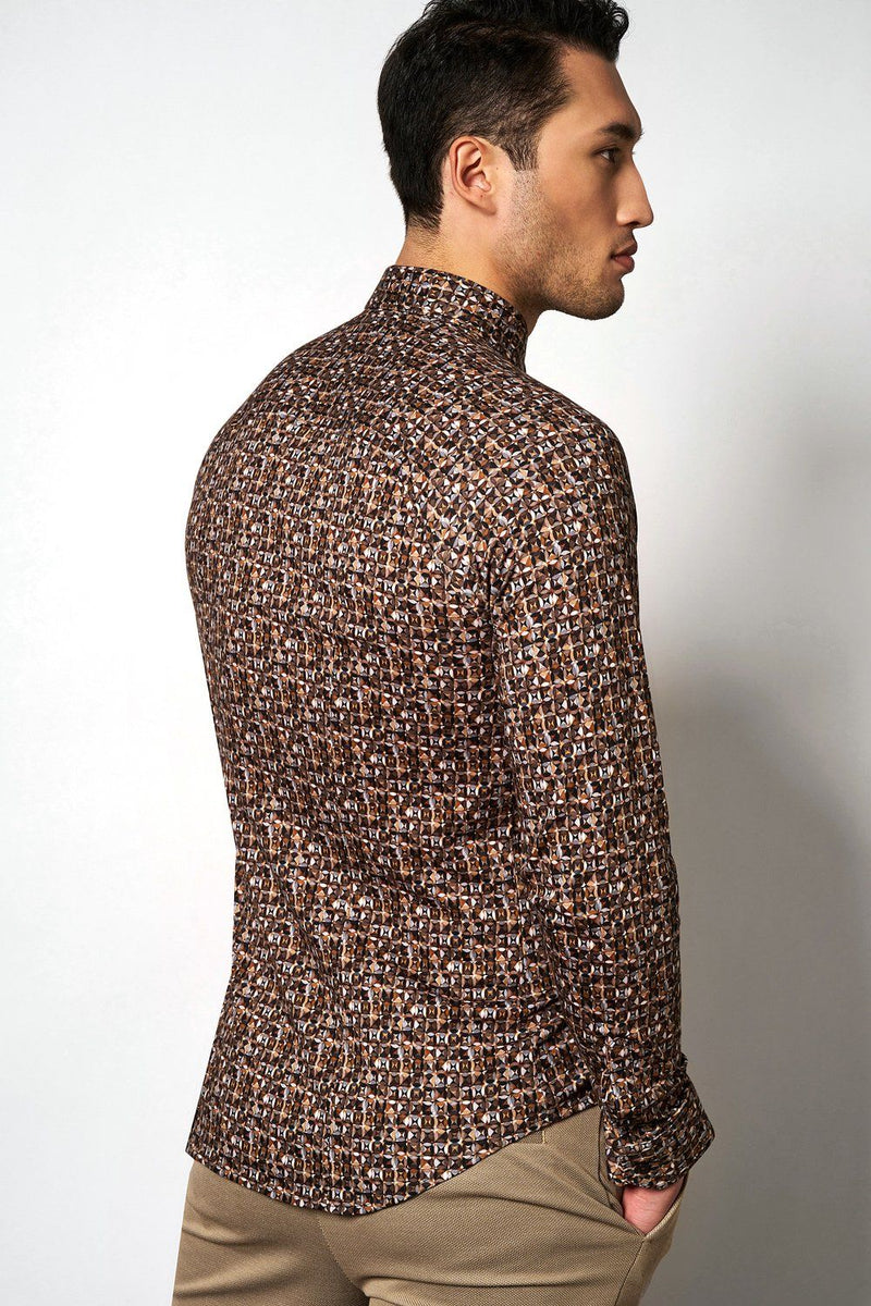 Desoto Brown Geometric Pattern Long Sleeve Jersey Shirt