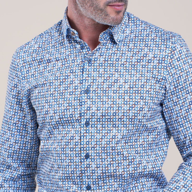 R2 Amsterdam Blue and Copper Geometric Print Shirt