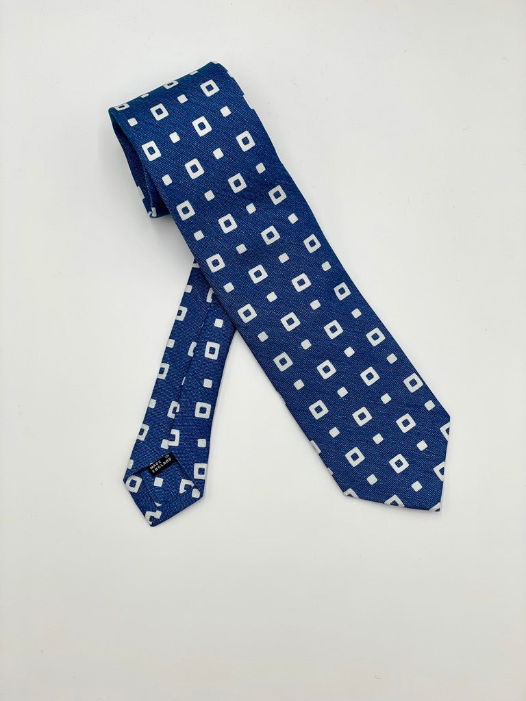Drakes Blue Geometric Silk and Linen Tie
