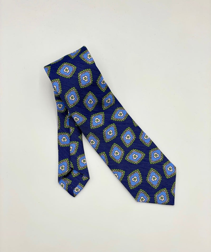 Drakes Blue Medallion Silk and Linen Tie