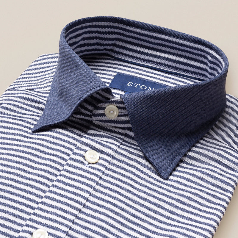 Eton Knitted Pique Shirt Navy Stripe