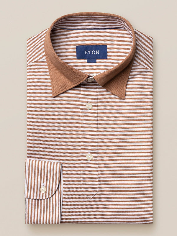 Eton Knitted Pique Shirt Tan Stripe