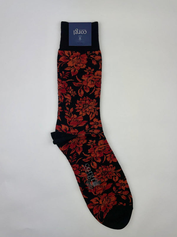 Corgi Black Rust Floral Cotton Sock