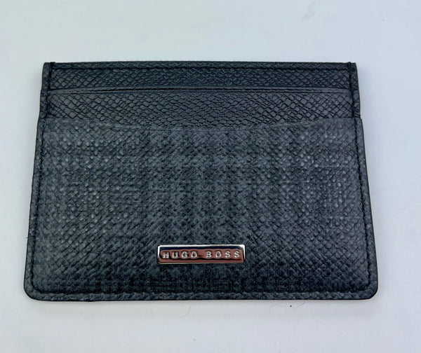 Hugo Boss Leather Charcoal Grey Plaid Card Holder