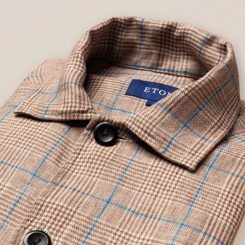Eton Brown Checked Linen Overshirt — Turndown Collar