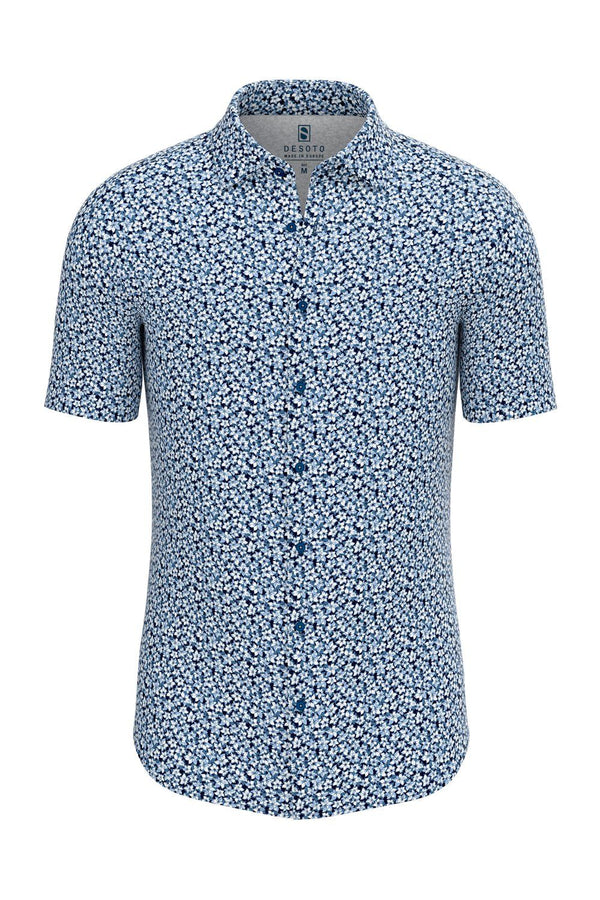 Desoto Blue Flower Pattern Jersey Stretch Short Sleeve Shirt